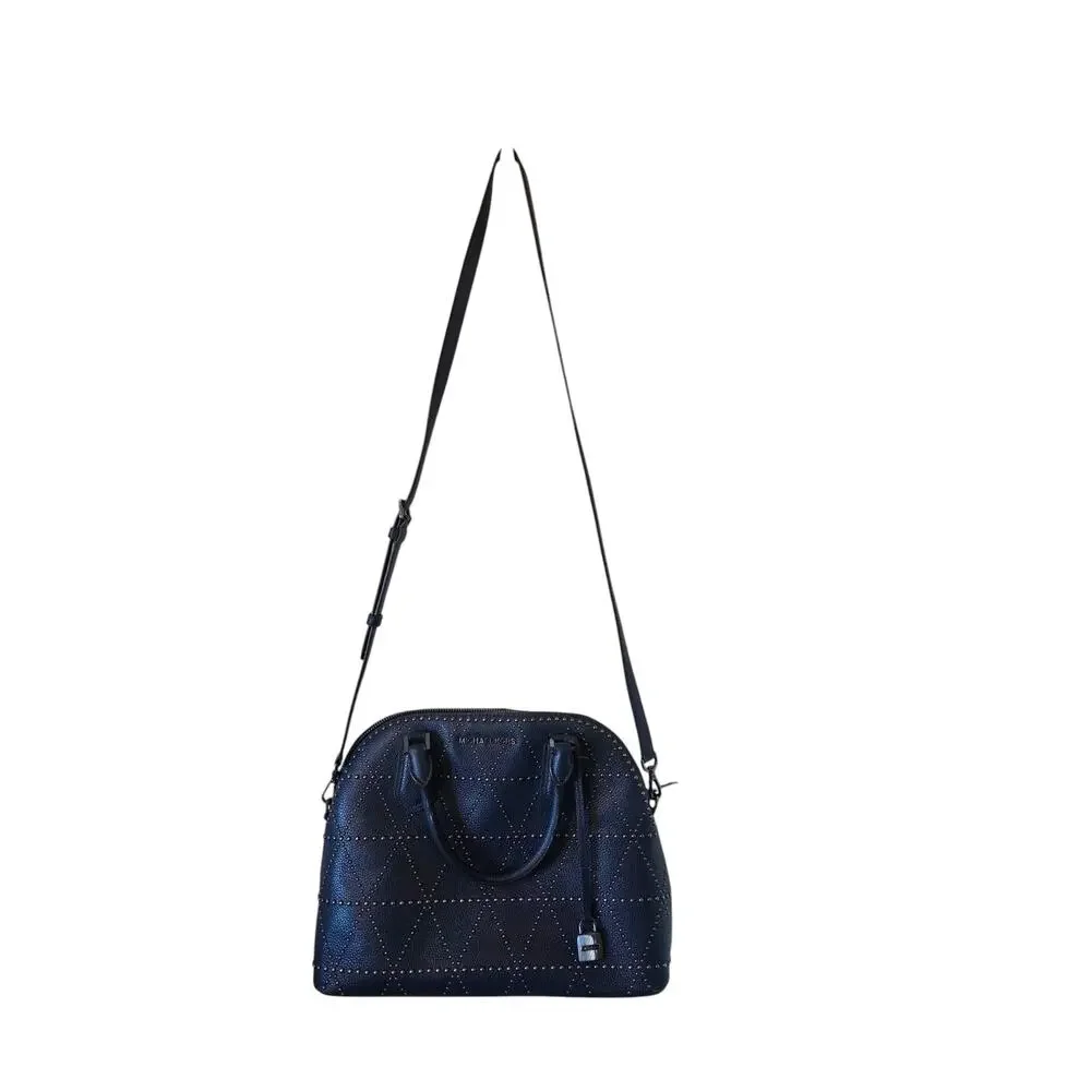 Michael Kors Adele Studded Dome Satchel Handbag Purse Navy Blue Pebbled Leather